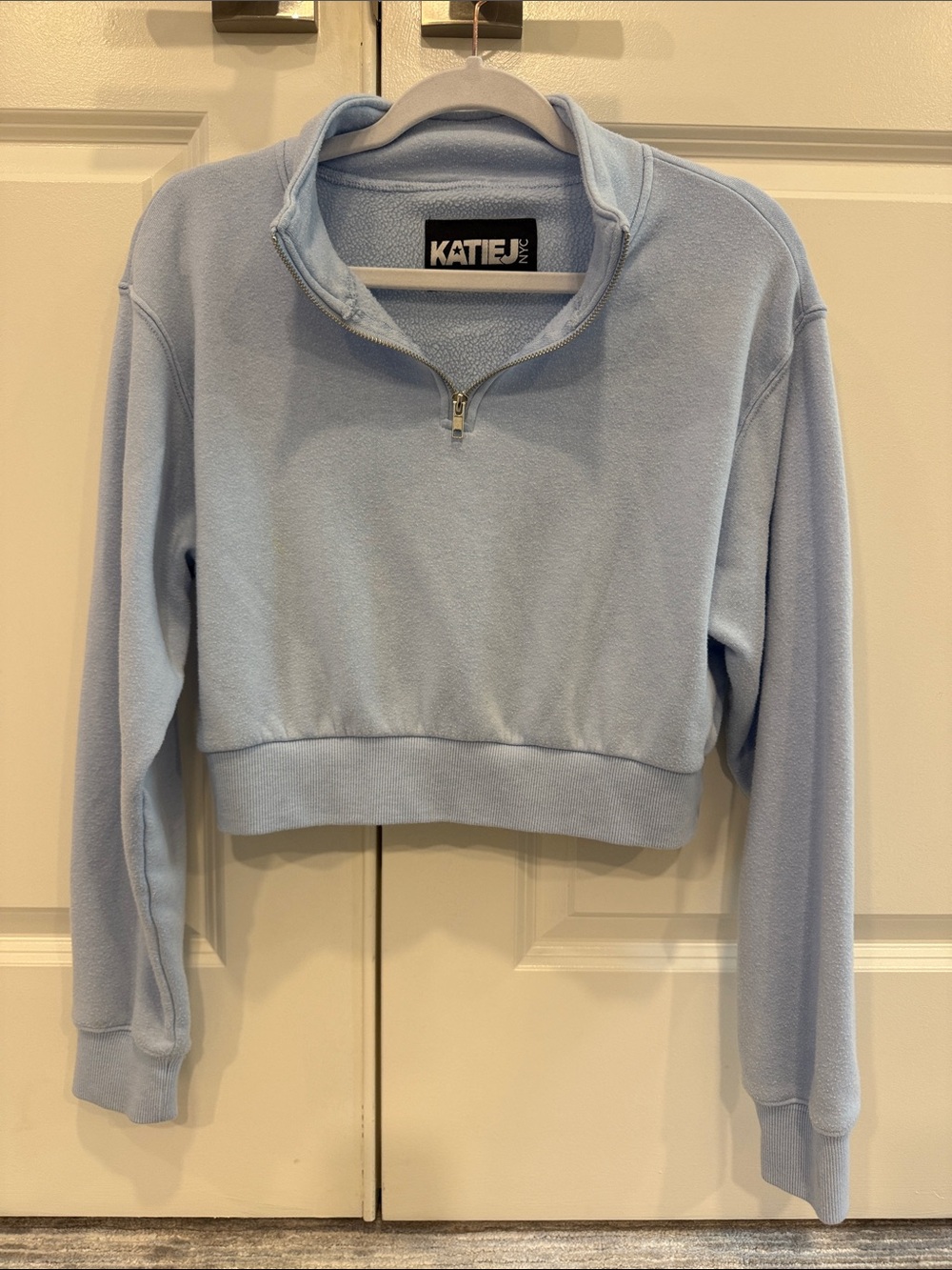 Katie J NYC Light Blue Cropped Quarter-Zip Hoodie